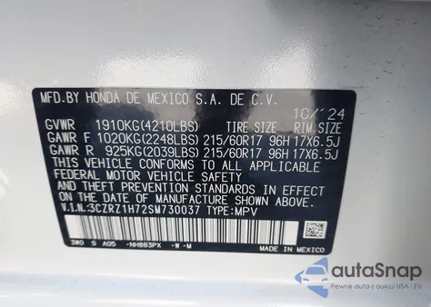 2025 Honda Hr-V 2Wd Ex-L z USA, uszkodzony, nr VIN 3CZRZ1H72SM730037
